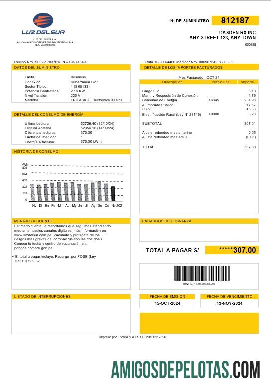 Em branco modelo de conta de serviços públicos Peru Luz De Sur em formatos Word e PDF, totalmente editável
